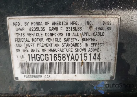 2000 Honda Accord 3.0 Ex z USA, uszkodzony, nr VIN 1HGCG1658YA015144